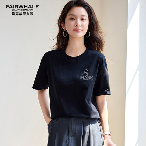 马克华菲女装短袖T恤字母鲨鱼印花设计感简约宽松休闲Y63115B038