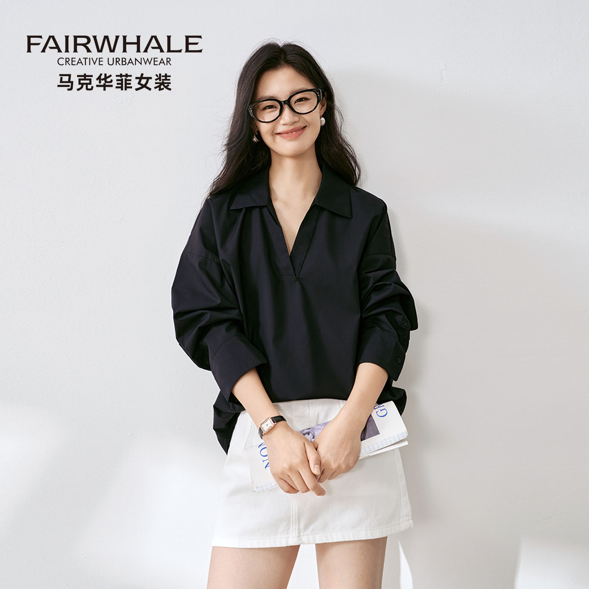 马克华菲设计感长袖衬衫女2025新款高级感慵懒宽松气质简约衬衣V
