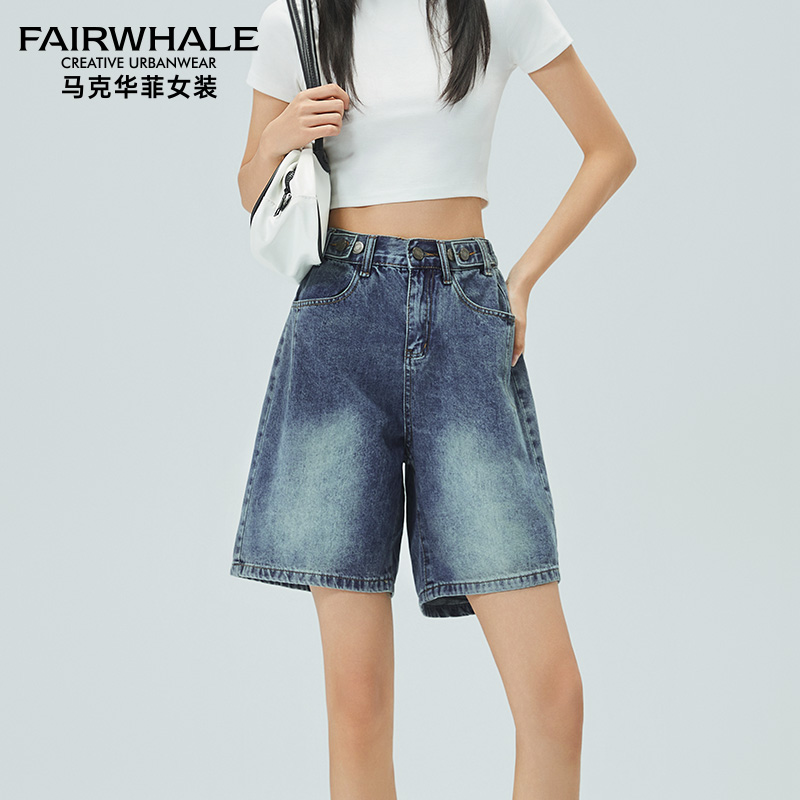 马克华菲高腰A字牛仔短裤女夏季2025新款显瘦通勤休闲裤子女五分