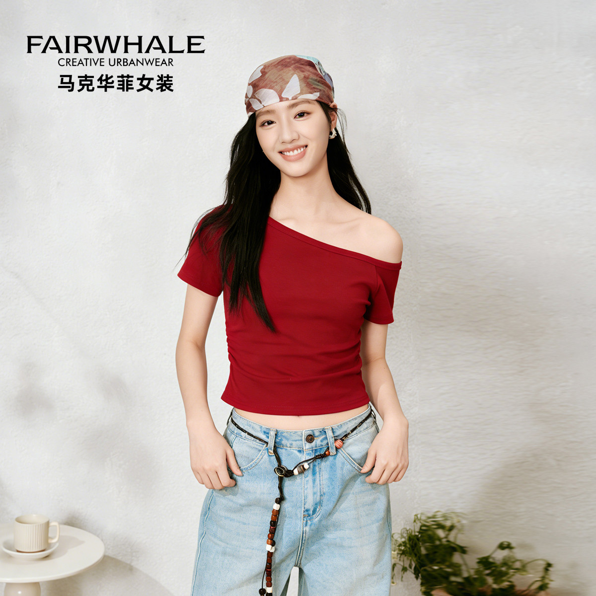 马克华菲修身显瘦露肩短袖T恤女