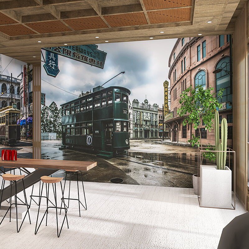 老上海街景墙纸民国火锅烧烤大排档中式饭店拍照背景壁纸复古怀旧