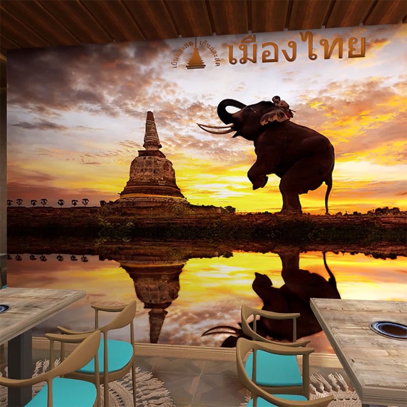 泰国风情大象壁画东南亚风格异域老挝咖啡店装饰壁纸泰式餐厅墙纸