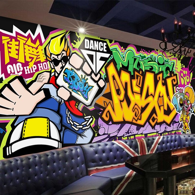 街头嘻哈风涂鸦墙纸健身房背景墙绘个性舞蹈室教室街舞hiphop壁纸