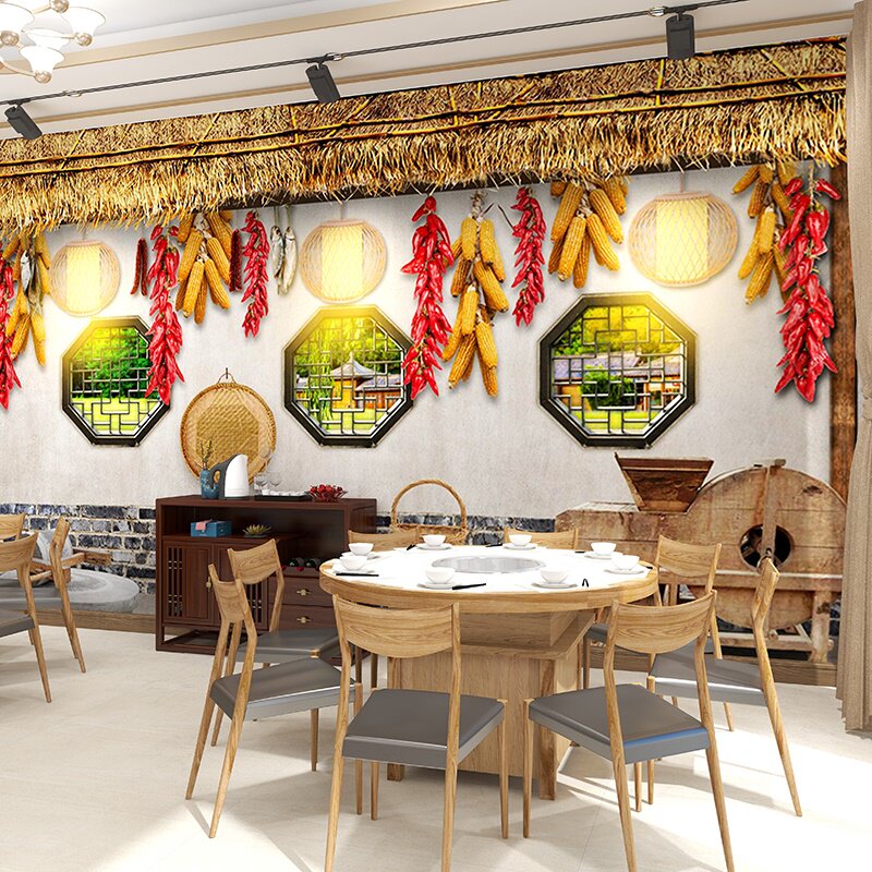 东北农家菜馆饭店墙纸小炒私厨装饰壁画饺子馆乡村风格背景墙壁纸
