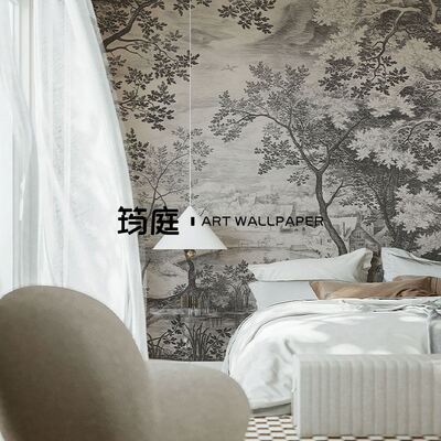 中古风欧式电视背景墙壁纸手绘黑白森林客厅卧室墙布复古南洋墙纸