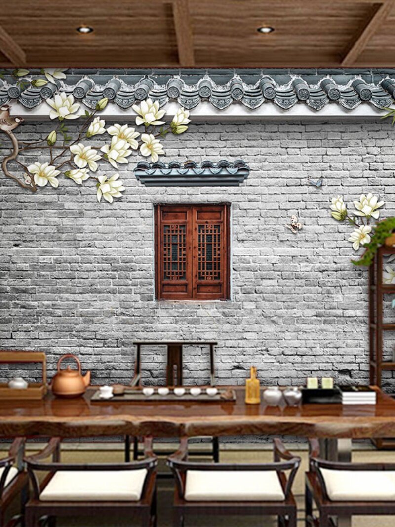 中式饭店茶楼壁纸仿古砖墙屋檐徽派装修中国风古风茶室青砖纹墙纸