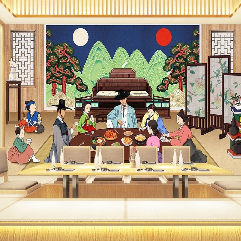 韩式烤肉餐厅壁纸朝鲜族泡菜复古背景墙纸韩国料理韩餐店装饰壁画