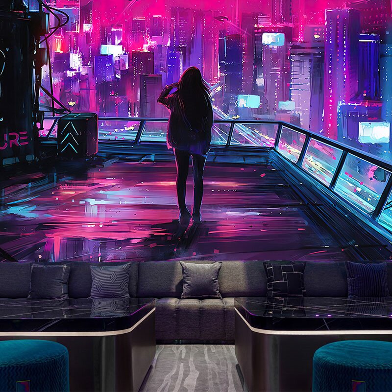 3d科幻科技世界赛博朋克风墙布酒吧ktv装饰壁纸电竞网吧背景墙纸