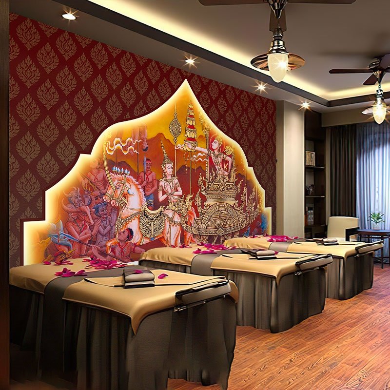东南亚风格背景墙壁纸泰式异域风情壁画泰国餐厅养生会所装饰墙纸