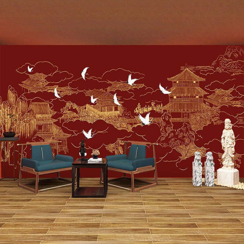 中式红色意境山水阁楼建筑壁画中国风金色线描墙布故宫红背景墙纸