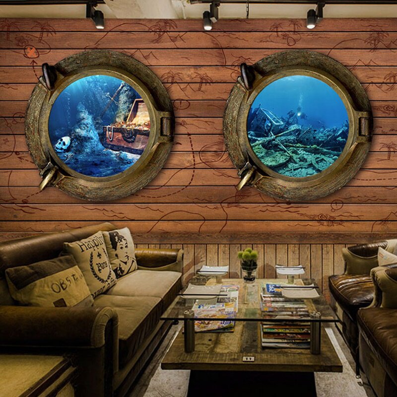 海盗船航海船舱壁纸海底世界海洋风壁画主题餐厅酒店卧室背景墙纸