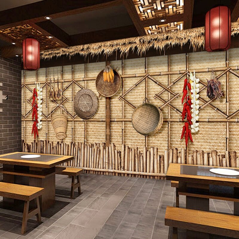 农家乐饭店装修墙纸农家院土特产背景墙面装饰画矛草屋土菜馆壁纸
