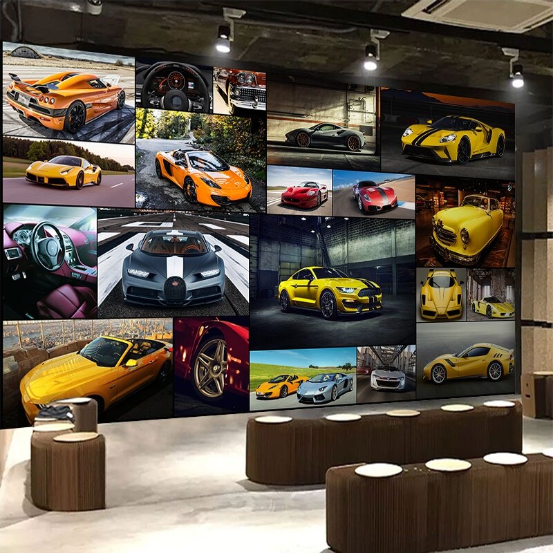 汽车主题壁纸美容装潢店装修改装改色贴膜装饰背景墙壁画跑车墙纸