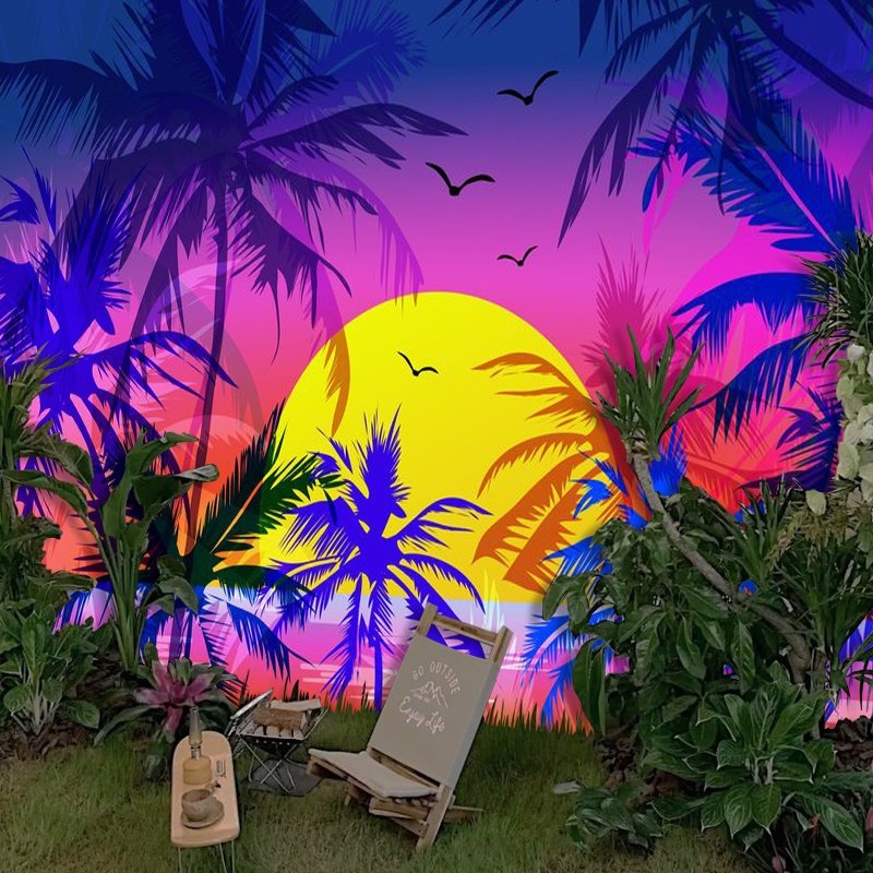 夕阳落日画海滩海边壁纸椰子树泰国背景布海岛露营风酒吧装饰墙纸