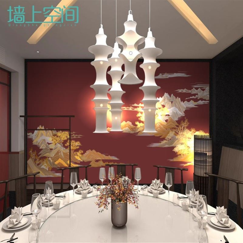 3D新中式山水墙纸浮雕鎏金壁画酒店餐厅会所壁纸饭店包间装饰墙布图片