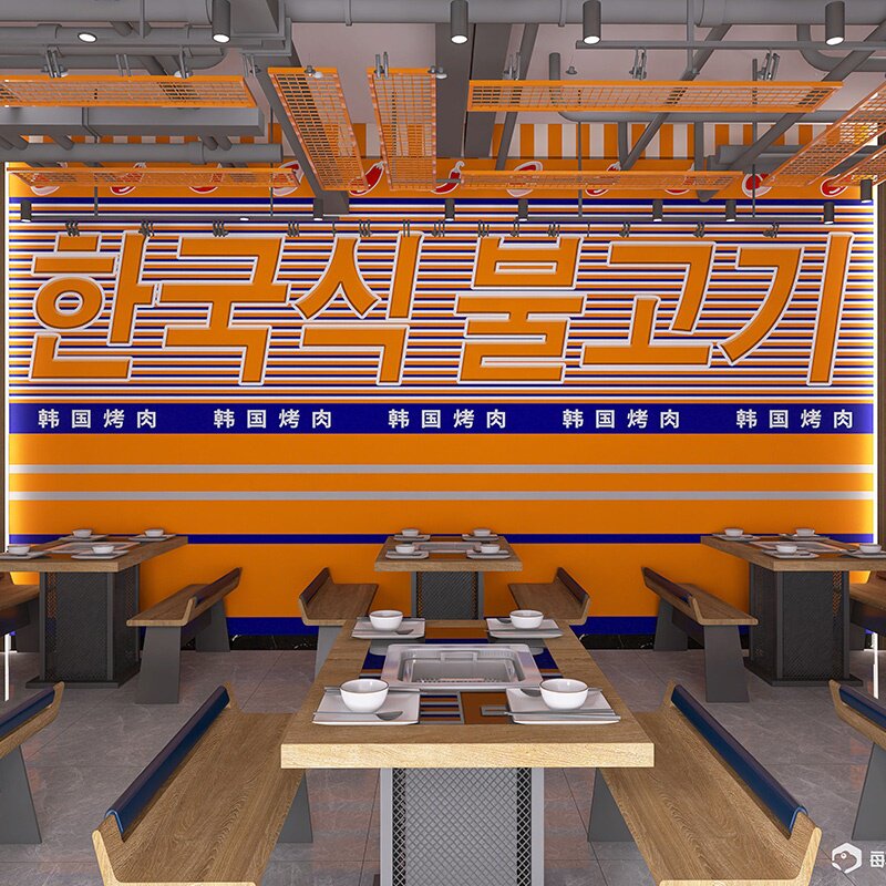 3d创意韩国料理餐厅装饰壁纸网红韩式酒馆炸鸡火锅烤肉店装修墙纸