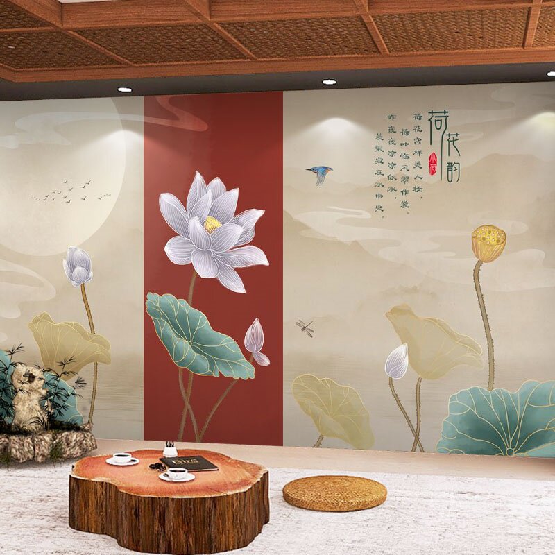 荷花壁画背景墙纸荷塘月色养生馆墙布国风古筝教室工作室装饰壁纸