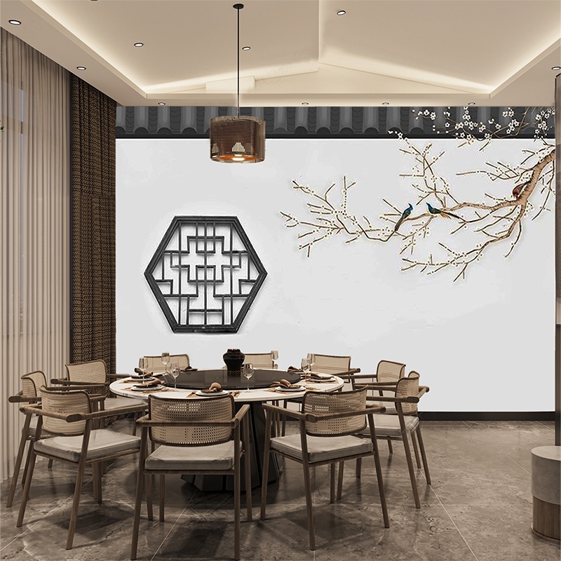 古典简约中式壁画江南风格徽派茶室装修墙纸火锅饭店餐厅包间壁纸