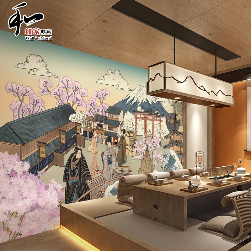 日式和风浮世绘背景墙纸日本富士山壁画寿司店榻榻米民宿装修壁纸