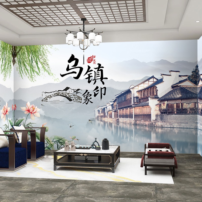 徽派建筑江南水乡墙纸饭店火锅店墙面装饰壁画中国风山水书房壁纸