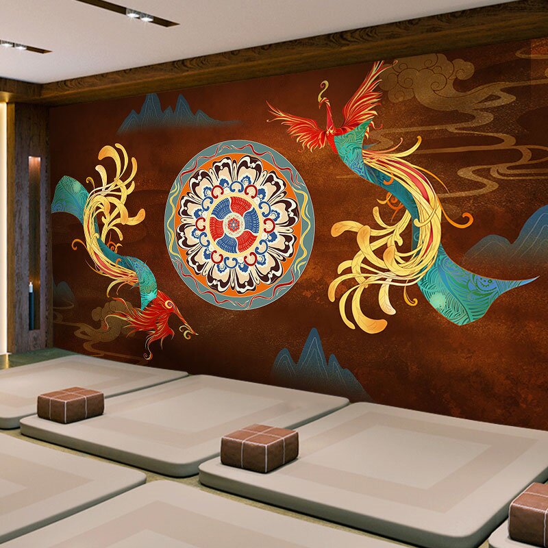 中国风凤凰壁纸敦煌飞天古典藏式佛堂壁画酒店民宿剧本杀古风墙纸
