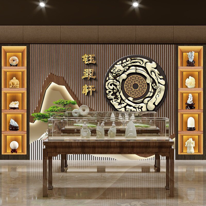 翡翠玉石珠宝店背景墙纸前台展示柜首饰吊坠和田玉手镯直播间壁纸