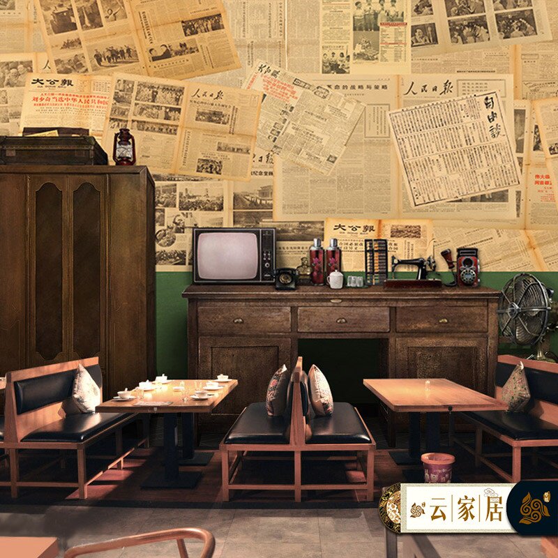 怀旧8090年代红军报纸墙纸复古火锅饭店主题餐厅包厢直播背景壁纸
