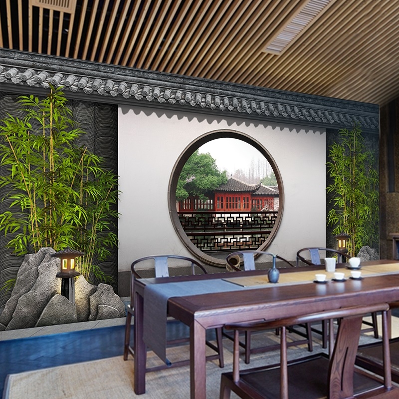 3d立体中式庭院装饰墙纸徽派宅院子建筑背景墙火锅店饭店装修壁纸