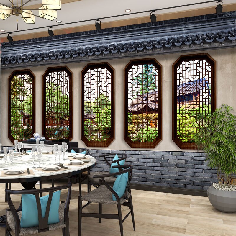 3d复古中式庭院壁纸园林景观假窗风景背景墙壁画仿古建筑茶室墙纸
