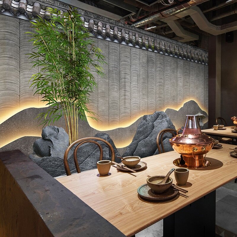 假山庭院竹子新中式墙布茶叶店茶具直播背景墙纸茶室茶庄茶馆壁纸