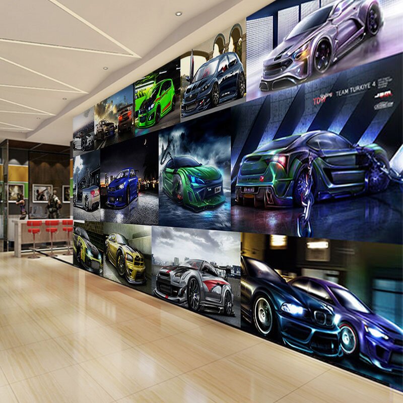 汽车赛车主题壁纸美容改装4s店改色贴膜装饰装潢炫酷跑车背景墙纸