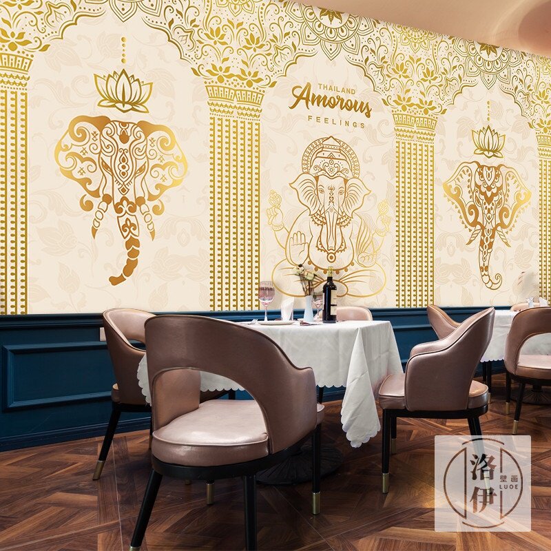 泰式东南亚风格装修墙纸泰国风情印度瑜伽养生馆按摩店装饰壁画纸