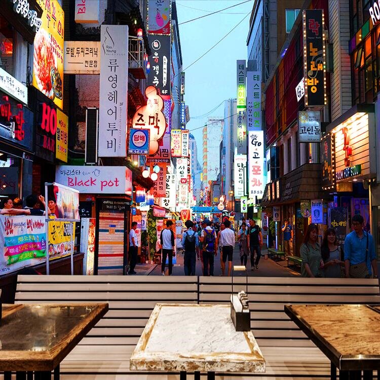 韩国街景墙纸唐人街城市建筑壁画韩式料理餐馆火锅烤肉店装修壁纸