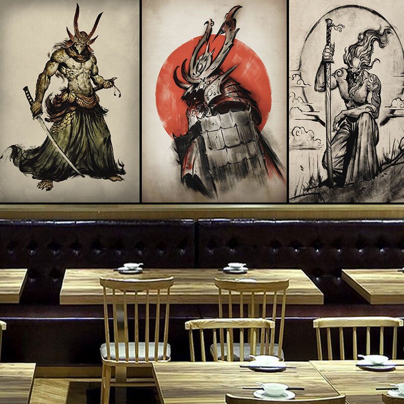 日式武士纹身店墙纸个性般若手稿背景墙面装修刺青店工作室壁纸画