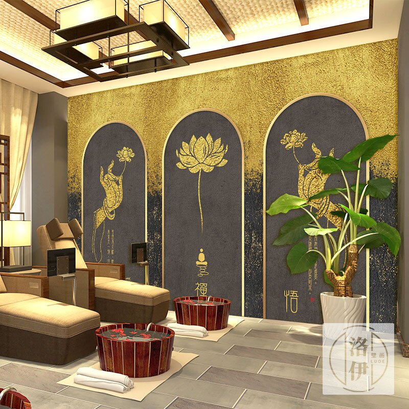 佛堂佛手莲花壁纸泰式养生按摩spa店古典金色佛系禅意瑜伽馆墙纸
