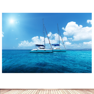 简约现代游艇游轮大海帆船轮船风景画海报定制客厅沙发墙贴画028