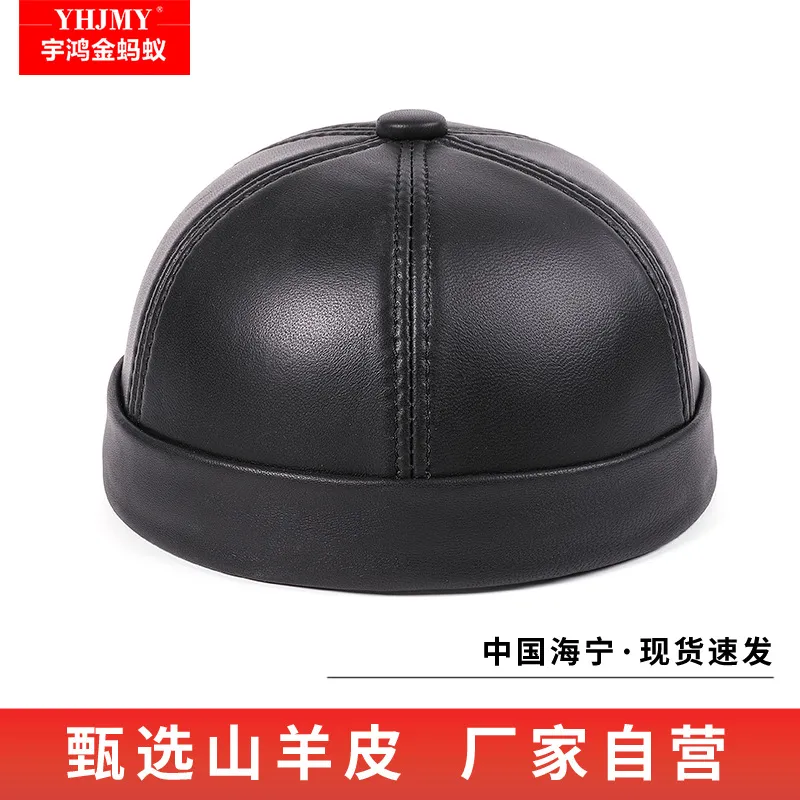 真皮复古瓜皮帽休闲地主帽中老年户外无檐棒球帽秋冬薄款圆帽子男