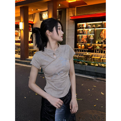 NICMAI新中式盘扣复古短袖晕染设计感夏季中国风小个子短款上衣女