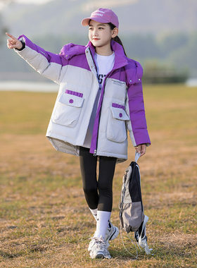 女童公主中长款宽松羽绒服加厚白紫红色外套大童连帽棉袄衣棉服冬