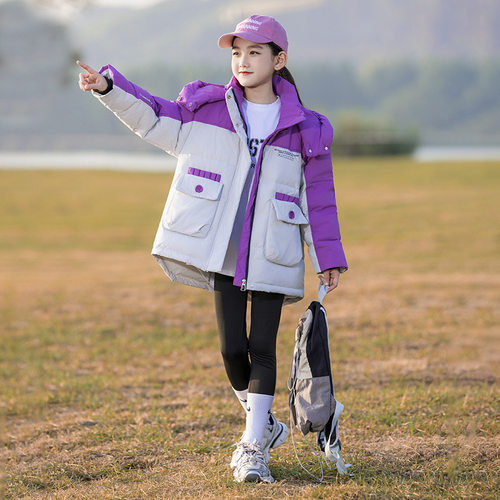 女童公主中长款宽松羽绒服加厚白紫红色外套大童连帽棉袄衣棉服冬