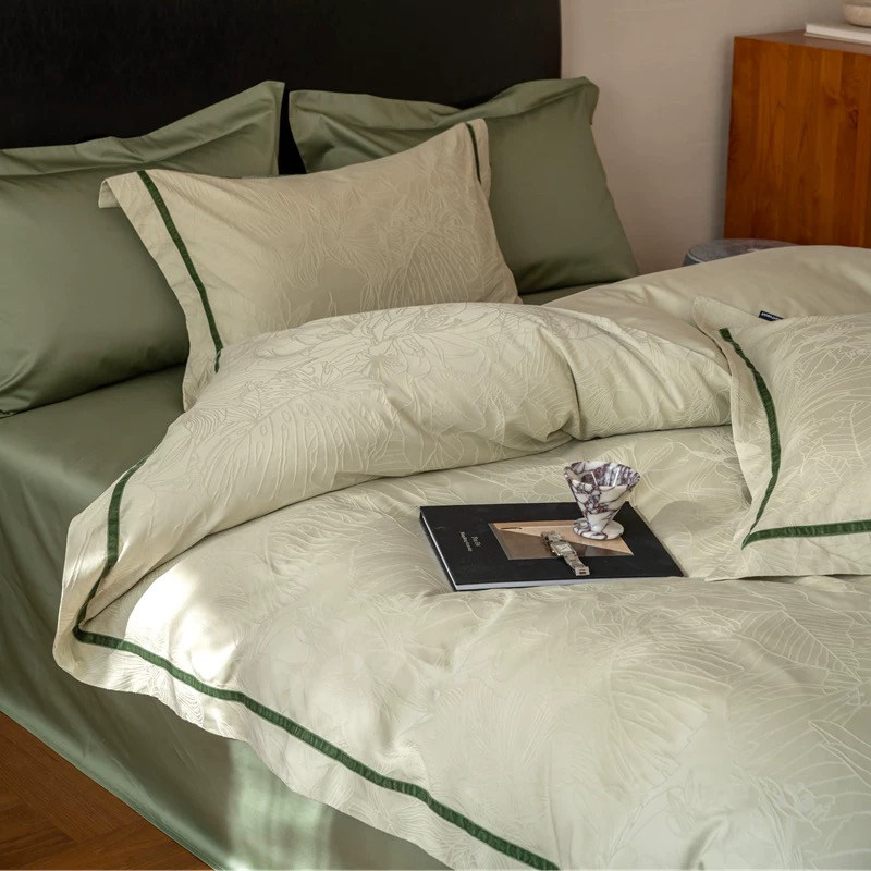 超柔加厚浮雕提花全棉四件套 春夏新品青绿色高级感舒适纯棉床品