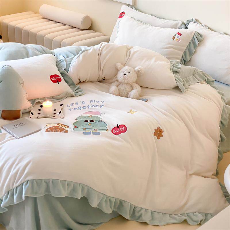 冬季小清新A类母婴级牛奶绒四件套儿童卡通珊瑚绒保暖加厚绒被套a