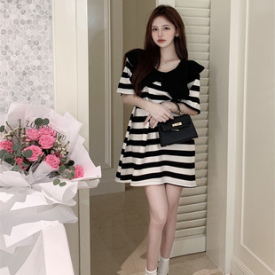 宽松显瘦修身 条纹娃娃领短袖 针织连衣裙t恤裙女 夏季 2023新款
