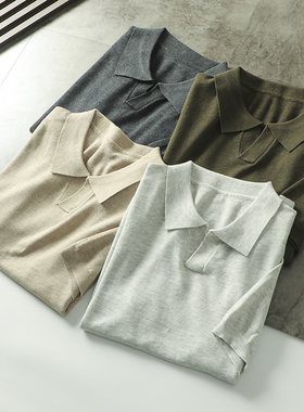 意奢高品 100羊毛進口16针横机透气春夏男士休闲海鸥领针织POLO衫