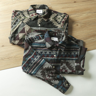 衬衣潮男 毛呢衬衫 清仓福利 秋冬日系复古印花宽松休闲保暖长袖