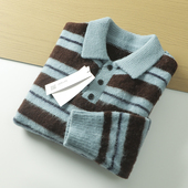 西班牙小众 慵懒风 外贸尾货秋冬男宽松翻领针织条纹毛衣上衣潮