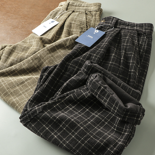 日单复古！男装厚实纯棉灯芯绒 格子阔腿直筒锥形老爹休闲潮裤潮