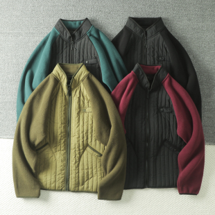日系小众 秋冬男纯色立领休闲百搭潮棉衣外套 绗棉摇粒绒拼接