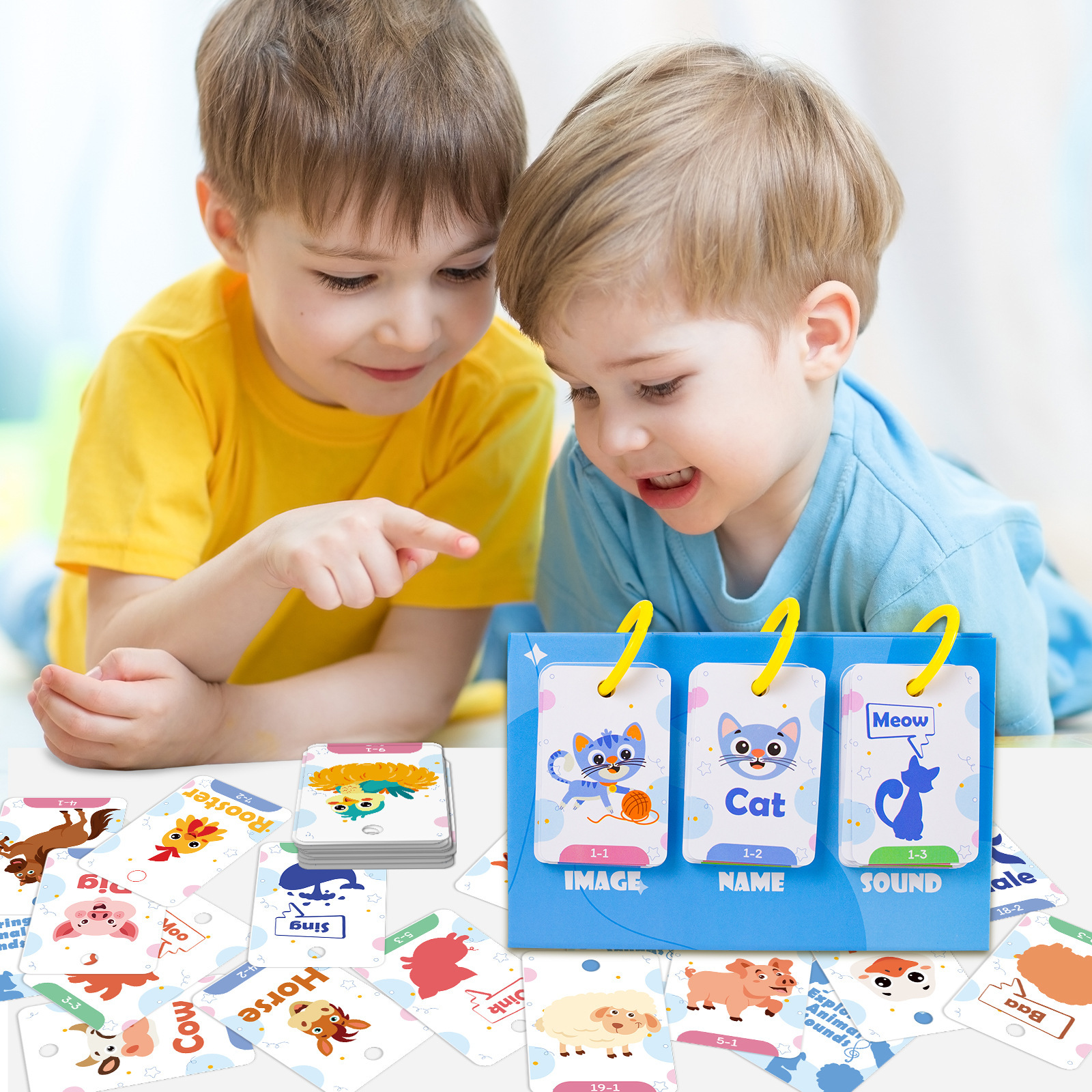 【探索动物叫声】72张猫狗鸟猪马声音英文启蒙亲子互动卡通早教卡