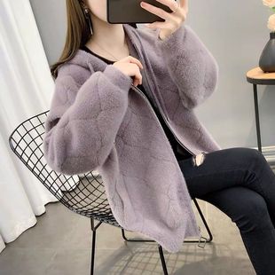 仿水貂绒短款女开衫外套秋冬季新款韩版宽松显瘦连帽毛绒纯色上衣